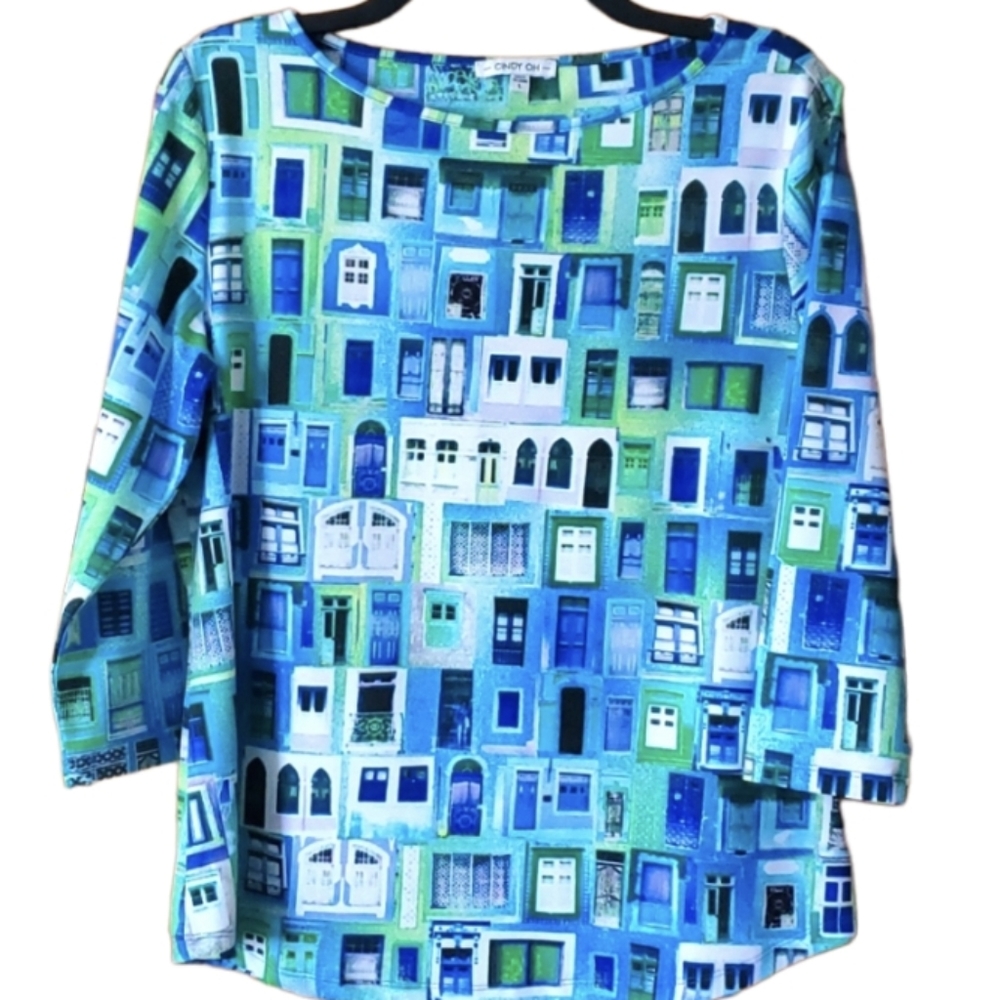 Cindy‎ Oh Womans Blue and Green Window Shirt Size Large